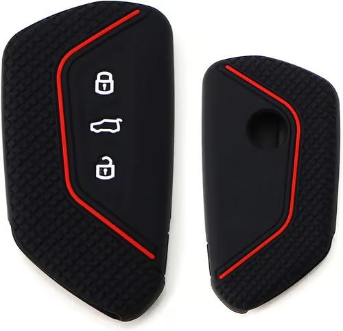 Sam's Accessories Black Soft Silicone Key Fob Cover w/ Red Stripe Compatible with Volkswagen MK8 Golf/GTI, Skoda Octavia with 3/4/5-Button Smart Key