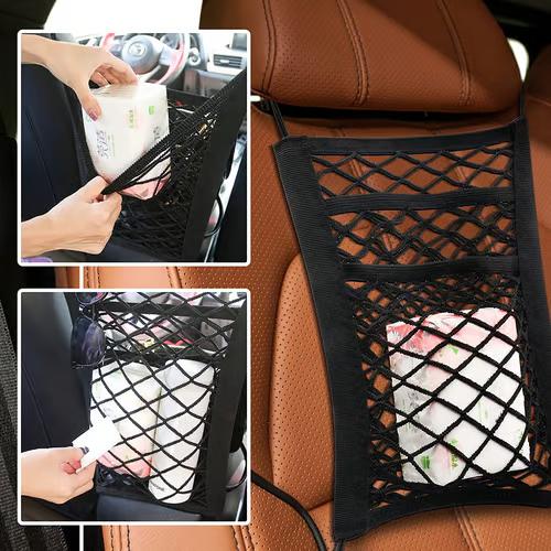 Sam's Accessories 3-Layer Car Mesh Organizer,Netting Bag for Car,Universal Car Seat Storage Mesh,Car Storage Netting Pouch,Elasticity Car Net Pocket Handbag Holder,Front Seat Purse Holder,Barrier of Backseat Kids Pets