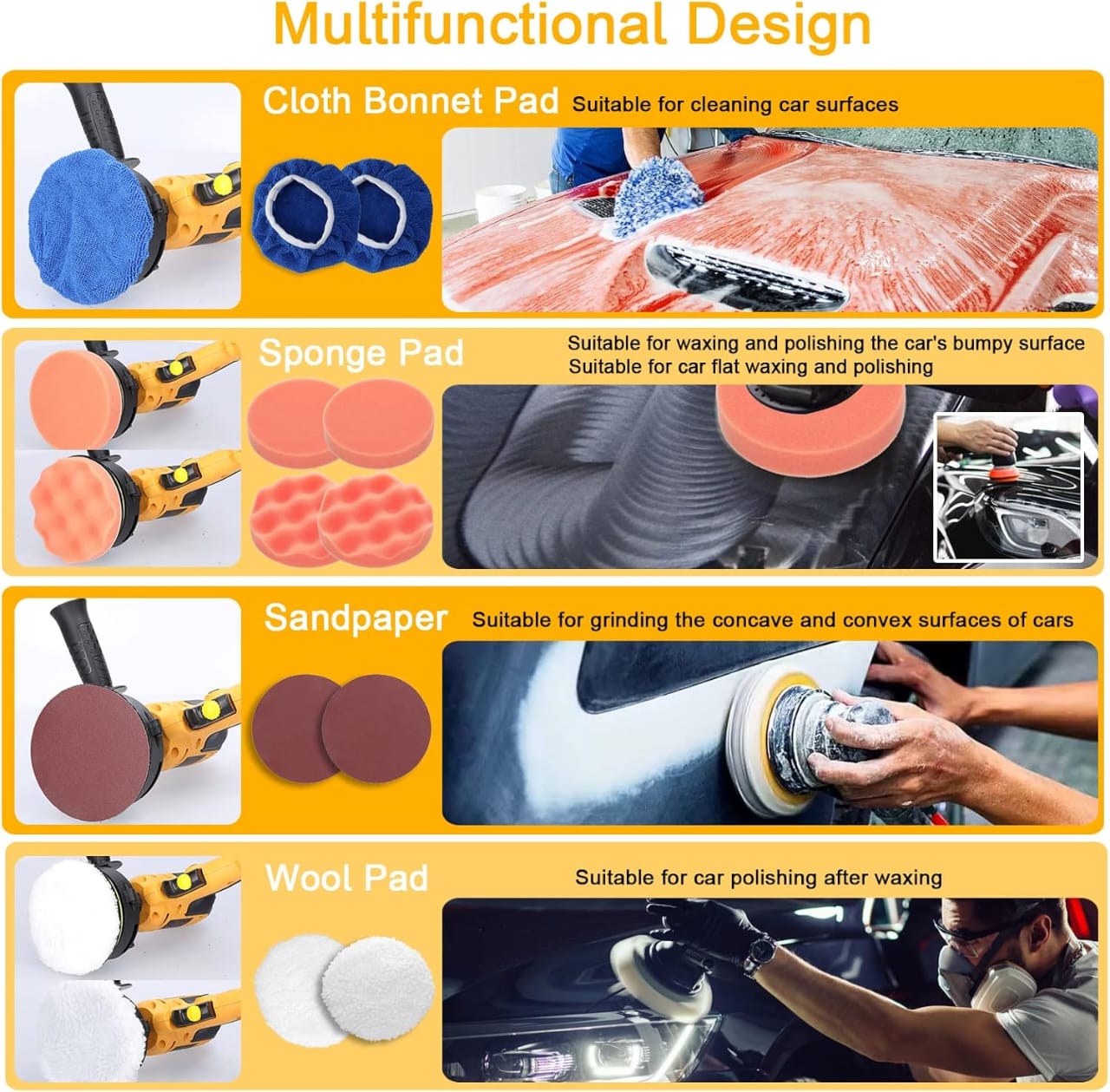 مجموعة أدوات تلميع السيارات من سامز أكسسواريز، 700 واط، ماكينة صنفرة وتلميع، سرعة دوران من 600 إلى 3700 دورة في الدقيقة، وسادة إسفنجية 5 بوصة، طقم تنظيف وتلميع، أداة تلميع الأجهزة المنزلية للعناية بالسيارات