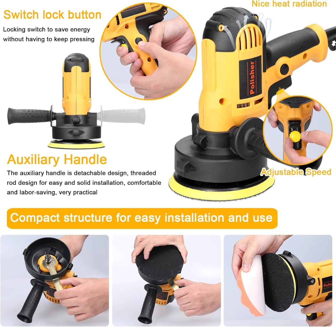 مجموعة أدوات تلميع السيارات من سامز أكسسواريز، 700 واط، ماكينة صنفرة وتلميع، سرعة دوران من 600 إلى 3700 دورة في الدقيقة، وسادة إسفنجية 5 بوصة، طقم تنظيف وتلميع، أداة تلميع الأجهزة المنزلية للعناية بالسيارات