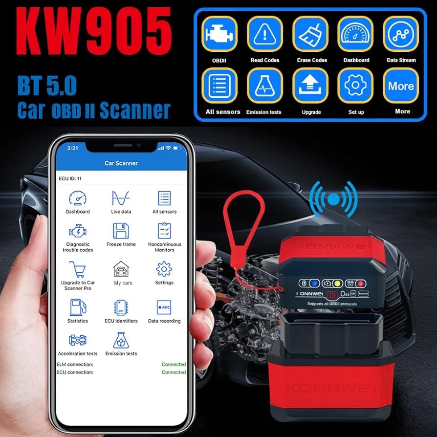 جهاز فحص وتشخيص أعطال السيارات اللاسلكي KW905 BT 5.0 OBDII من سامز أكسسواريز، متوافق مع أنظمة iOS وأندرويد، لون أحمر