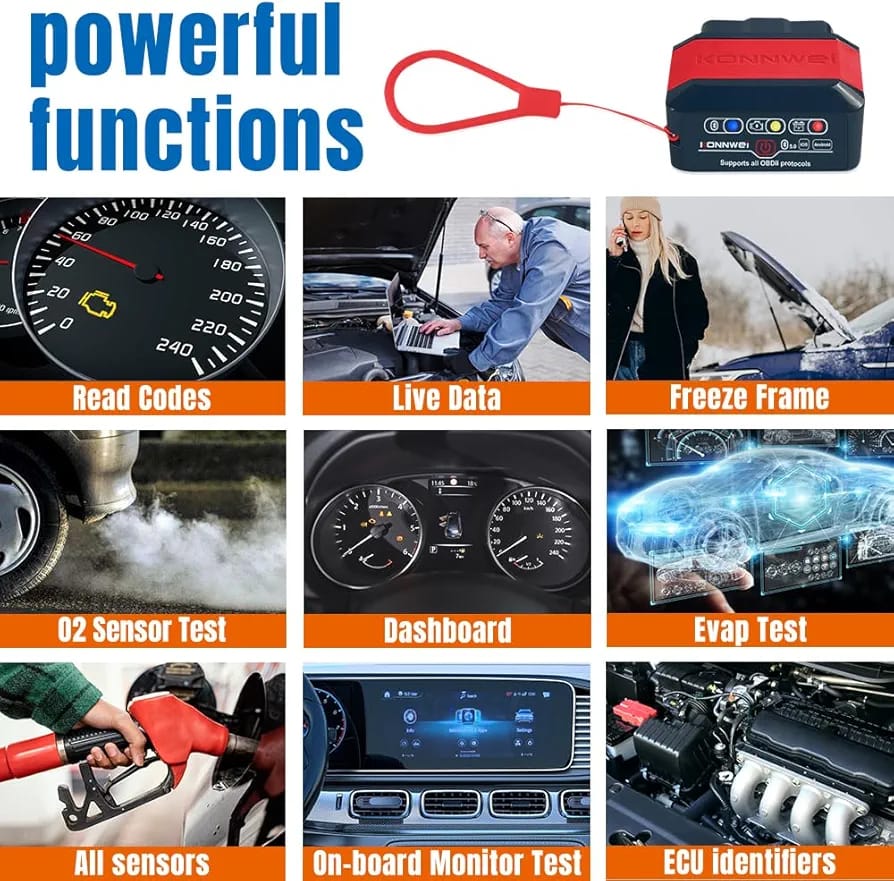 جهاز فحص وتشخيص أعطال السيارات اللاسلكي KW905 BT 5.0 OBDII من سامز أكسسواريز، متوافق مع أنظمة iOS وأندرويد، لون أحمر