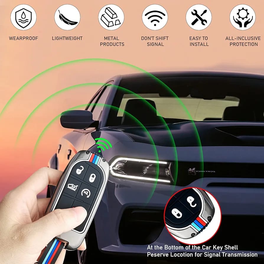 Sam's Accessories Zinc Alloy Key Fob Cover Case 5-Button & Keychain Compatible with Jeep Grand Cherokee Dodge Challenger Dart